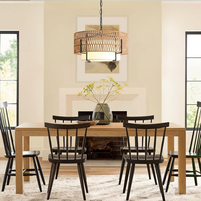 Boho Rattan Chandelier, 19.7" Rattan Pendant Light with Fabric Shade, 4-Light Farmhouse Ceiling Light Fixture Chandelier for Dining Room, Living Room, Bedroom, Kitchen Island, Foyer, Hallway