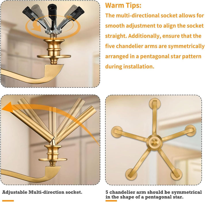 Gold Chandeliers for Dining Room, 25.5 Inch Vintage Gold Chandelier Light Fixture over Table, Farmhouse Candle Chandeliers, 5-Light Brass Chandeliers for Kitchen, Bedroom, Living Room (E12 Base)