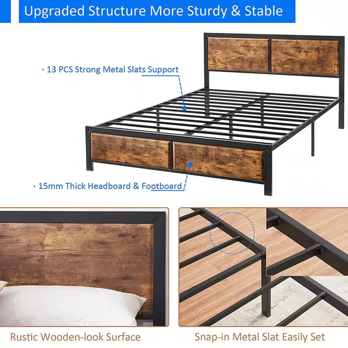 Queen Size Platform Metal Bed Frame with Wooden Headboard and Footboard，Rustic Country Style Bed Frame，62.9"W，Brown