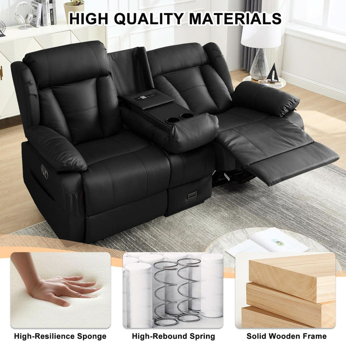 Loveseat Recliner Sofa, RV Recliner Couch, Manual Reclining Loveseat with Console for Living Room, Home Theater Seating with AC/USB C/USB and Drawer (Black, Loveseat with Console)