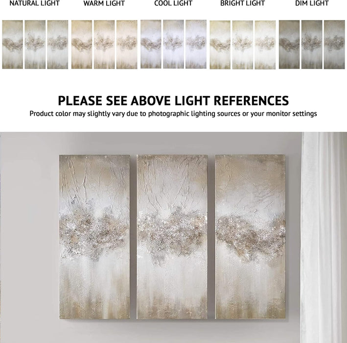 Wall Art Living Room Décor - Embellished Hand Painted Canvas, Home Accent Glitter Abstract Bathroom Decoration Ready to Hang Painting for Bedroom, 15"W X 35"H X 1.5"D, Taupe 3 Piece