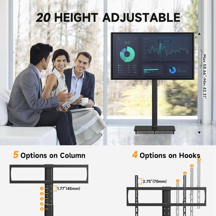 Tall Floor TV Stand for 32-75" TV Portable Rolling TV Cart with Wheels Height Adjustable with Wood Base, Holds up to 88 Lbs, Max VESA 600X400Mm TS005HB