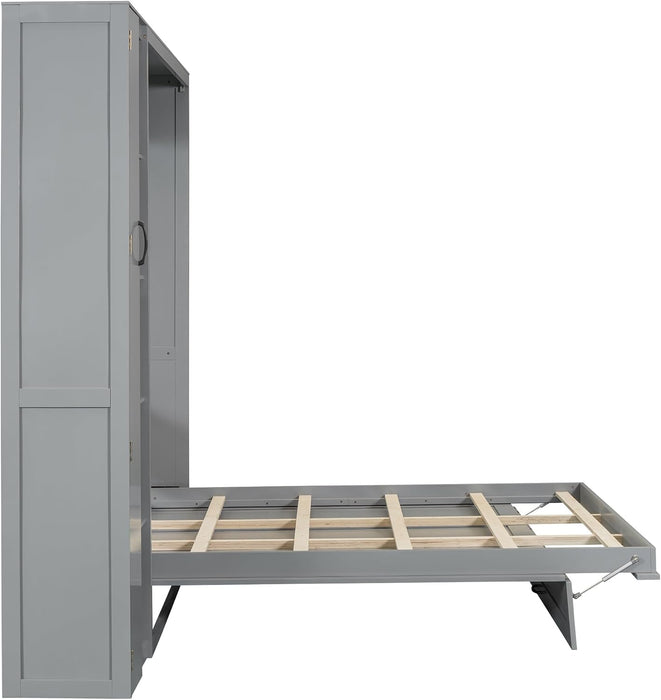 Queen Size Murphy Bed Wall Bed with Shelves, Drawers and LED Lights,Gray