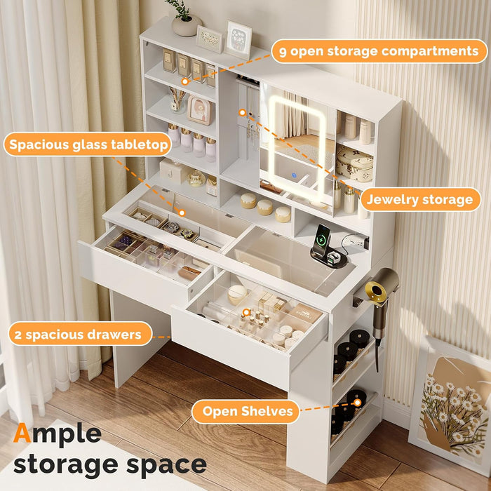 Vanity Desk with Sliding Mirror and Lights, Glass Top Makeup Vanity Table W/Shelves & Hidden Jewelry Storage & Power Outlets & Hairdryer Holder,54In White Dressing Table Gifts Girls