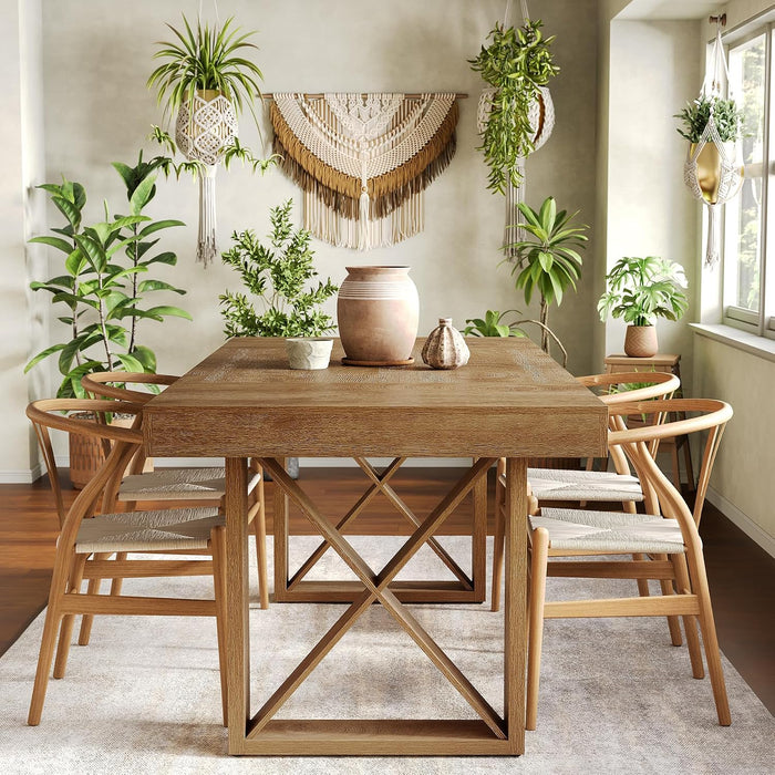 63-Inch Dining Table for 4 People, Farmhouse Thick Appearance Design, Rustic Rectangle Kitchen Dinner Table for Dining Room, Living Room, Yellowish Brown