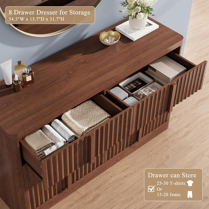 Walnut Dresser for Bedroom, 47" Wide 6 Drawer Dresser, Modern Chest of Drawers with Solid Wood Handle, Curved Profile Design, Wood Dresser Storage Organizer, Living Room, Hallway