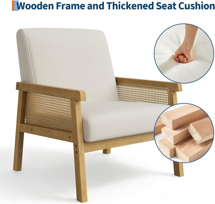 Beige Rattan Accent Chair With Upholstered Backrest