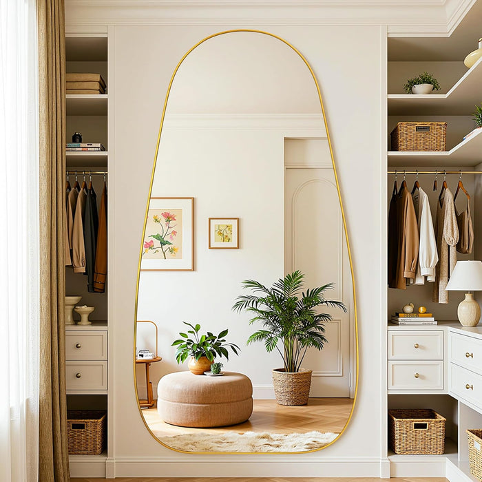 Full Length Mirror, 76"X36" Floor Mirror with Stand,Standing Hanging Leaning Irregular Mirrors for Bedroom Living Room Entryway,Tear Drop Style,Golden