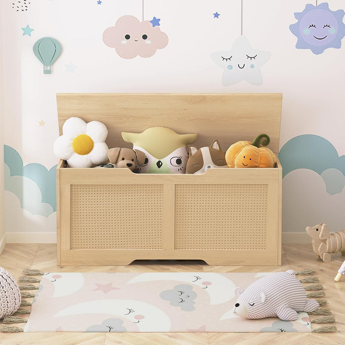 Storage Bench, 43.3" Toy Box, Rattan-Like Storage Chest, Sturdy Entryway Bench Supports 220 Lb, Toy Chest, Safety Hinge, U-Shaped Opening, Easy Assembly, Natural NL22CW01