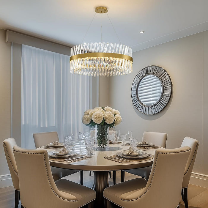 Modern Crystal Chandelier, 32 Inch Gold Crystal Chandeliers for Dining Room over Table, Luxury round Chandeliers for Living Room Dining Room Light Fixture Chandelier for Entryway Bedroom, Kitchen