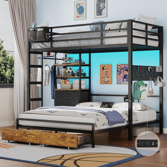 Black HeavyDuty TwinOverFullBunk Bed With Storage Drawers