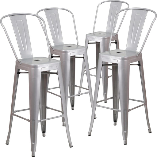 Lily Commercial Grade 4 Pack 30" High Silver Metal Indoor-Outdoor Barstool with Removable Back