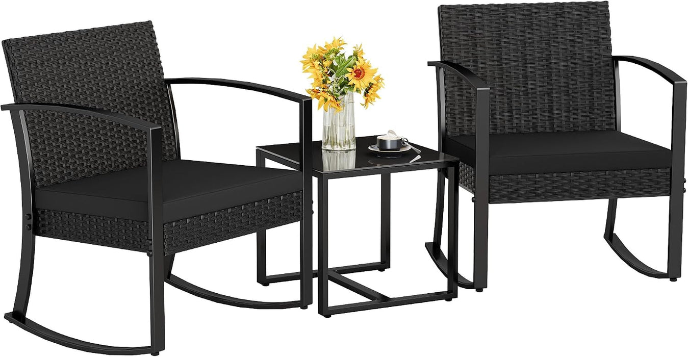 Patio Furniture Set 3 Piece Resin Outdoor Bistro Set Rocking Patio Chairs with Cushions and Table for Porch, Poolside, Balcony and Yard (Black)