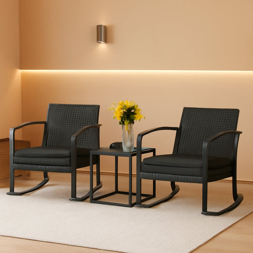 Patio Furniture Set 3 Piece Resin Outdoor Bistro Set Rocking Patio Chairs with Cushions and Table for Porch, Poolside, Balcony and Yard (Black)