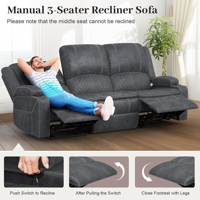 3-Seater Recliner Sofa, Manual Reclining Couch with Multi-Functional Middle Seat, Reclining Sofa for Living Room with Hidden Storage Space, Cup Holders, and Removable Console - Grey