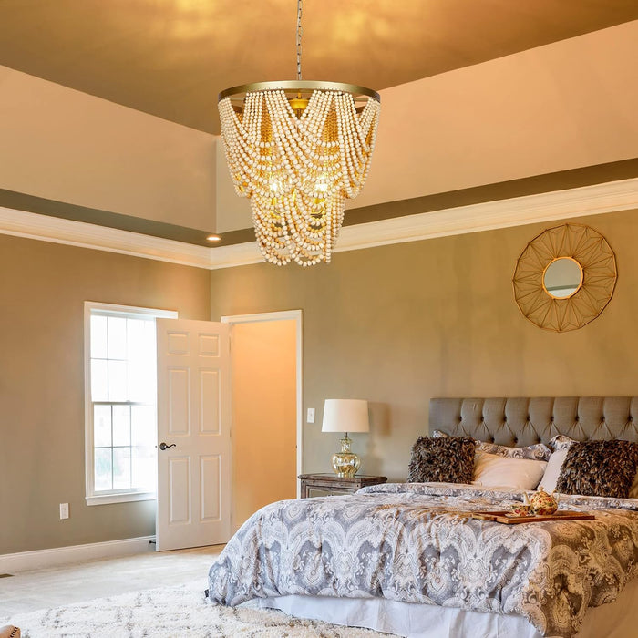 6 Light Contemporary Farmhouse Wooden Beaded Chandelier