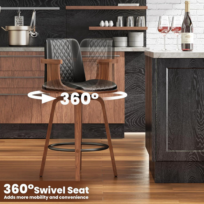 Swivel Bar Stools Set of 3, 26 Inch Bar Height Barstools with Arms and High Back, Upholstered PU Leather Counter Height Stools with Bentwood Wood Frame and Legs for Kitchen Island, Black