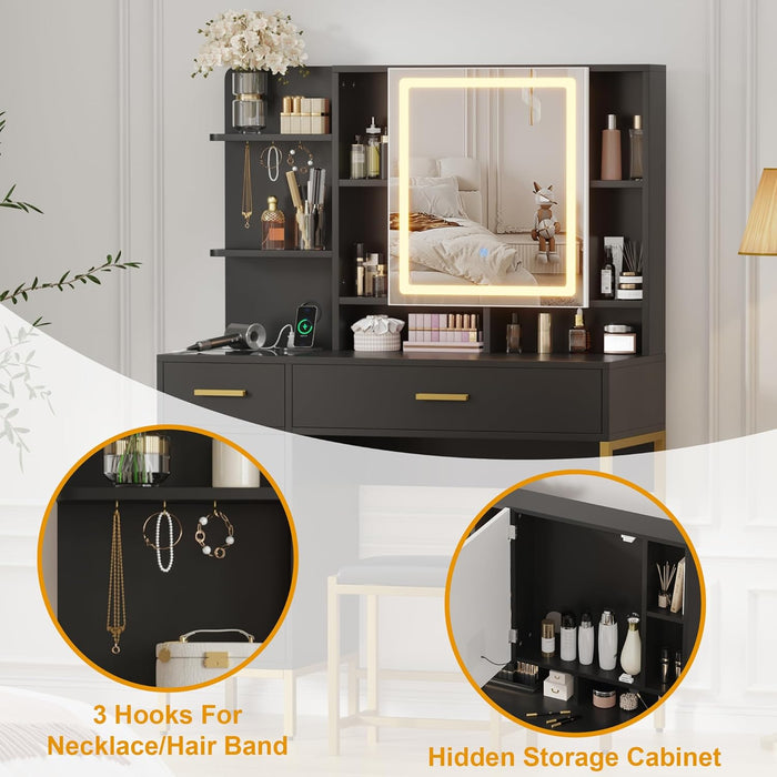 Makeup Vanity Desk, Vanity Desk with Lights in 3 Colors, Vanity Table with Charging Station, Visible Drawers, Black