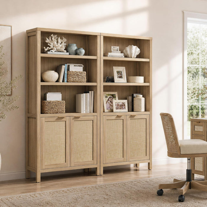 71" Tall Bookcase 5 Tier Rattan Bookshelf with Doors for Library | Farmhouse Storage Book Shelf with Adjustable Shelves Large Book Case Bookshelves for Living Room Home Office Bedroom Kitchen