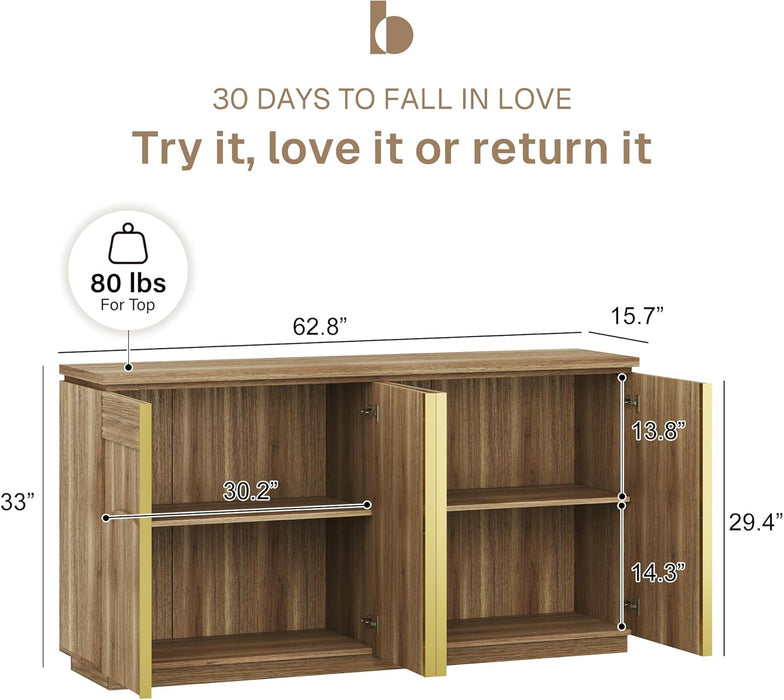 Sideboard Buffet Cabinet with Storage, 62 Inch Mid Century Modern Arched Wood Buffet Table, Versatile Credenza Console Table for Kitchen, Entryway, Dining Room, or Hallway