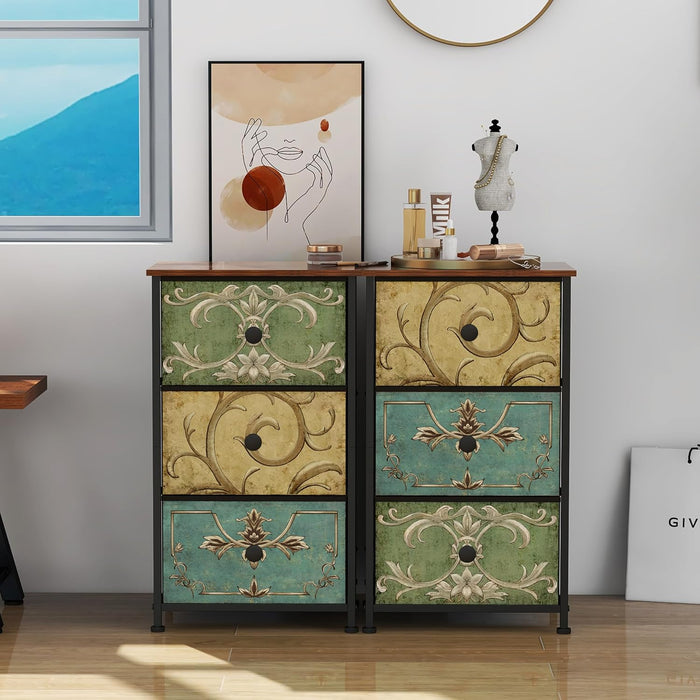 Slim Dresser With Retro Flower Pattern Design For Bedroom