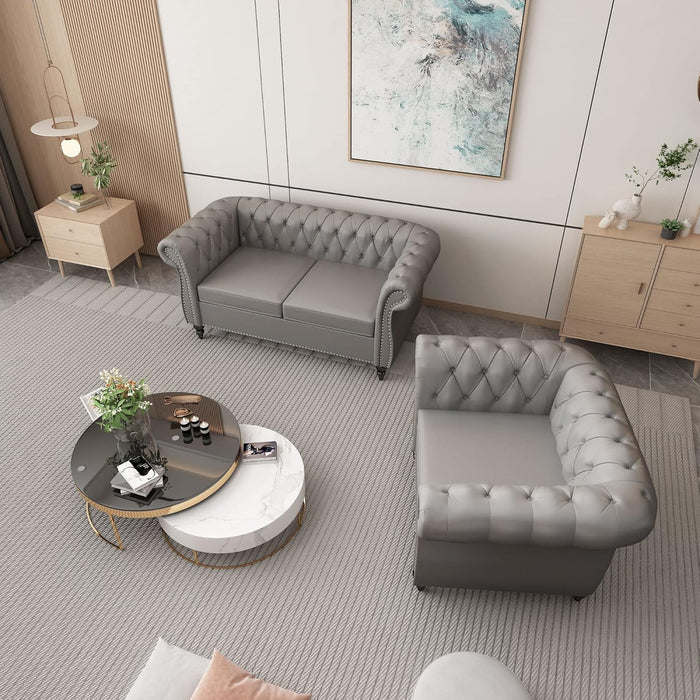 2 Piece Living Room Set, Chesterfield Leather Sofa Couch Chair with Scroll Arms and Nailhead for Living Room, Office (Grey)