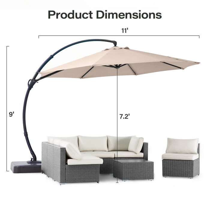 11FT Deluxe Patio Umbrella with Base, Large Cantilever Curvy Umbrella with 360° Rotation, Champagne