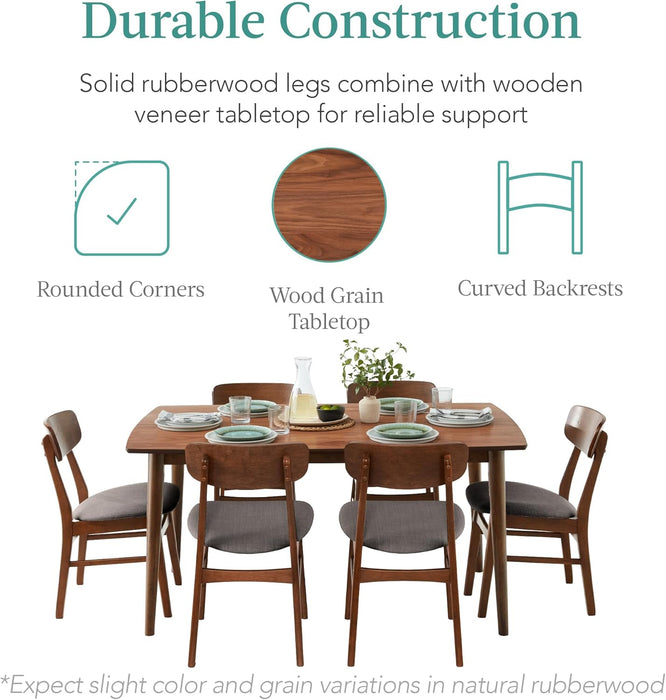 7-Piece Wooden Dining Room Table Set, Mid-Century Modern, Kitchen Table W/ 6 Chairs, Upholstered Cushions, Curved Backrests, Rounded Table Corners - Walnut/Gray