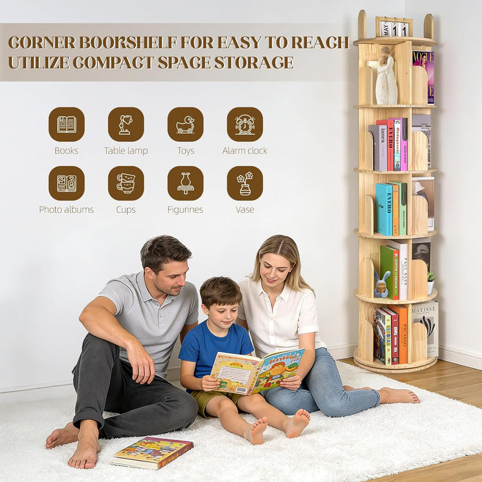 Rotating Solid Pinewood Five Tier Corner Bookshelf