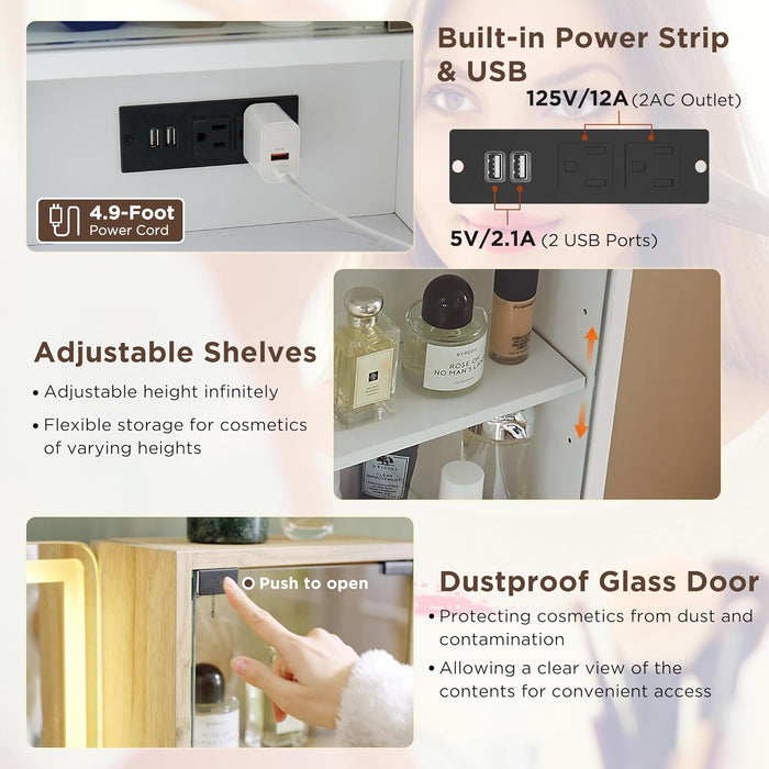 48" Fluted Makeup Vanity Desk with Large 36" Mirror and Lights, Modern Glass Top Big Vanity Table with 5 Drawers & Adjustable Shelves, Dressing Table Set W/Charging Station for Bedroom, White