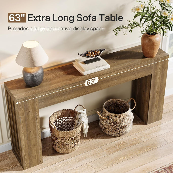 63-Inch Long Console Table, Farmhouse Narrow Sofa Table behind the Couch for Living Room, Entryway, Hallway, Foyer, Natural Brown