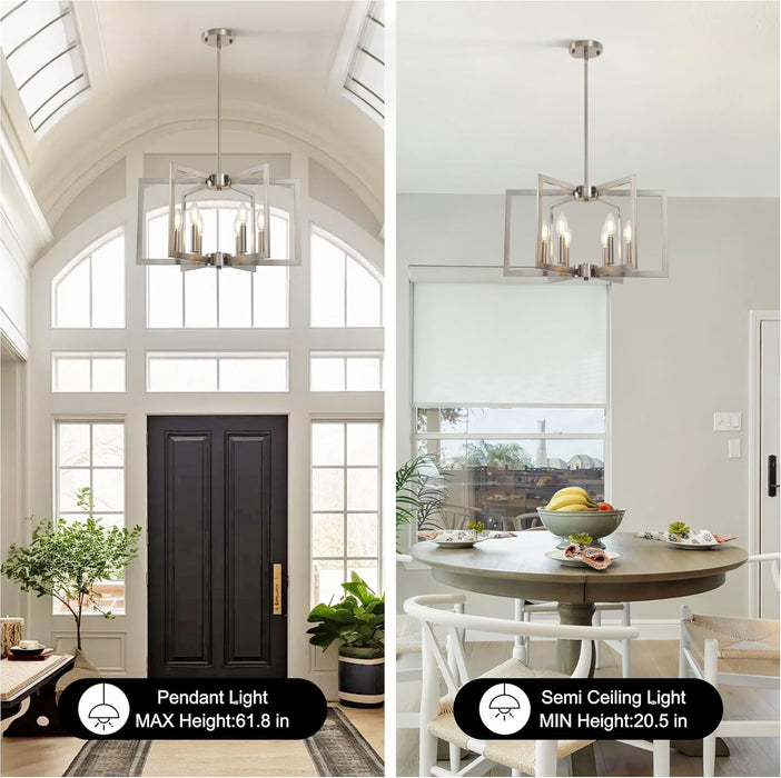 6-Light Modern Metal Geometric Chandelier，Kitchen Island Brushed Nickel Lighting Fixtures，Entryway Light Fixture Hanging Brushed Nickel，Farmhouse for Dining Room Chandelier