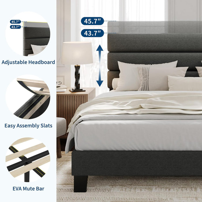 King Size Platform Bed Frame with Adjustable Headboard, Linen Fabric Upholstered and Wooden Slats Support, Heavy Duty Mattress Foundation, No Box Spring Needed, Easy Assembly, Dark Grey