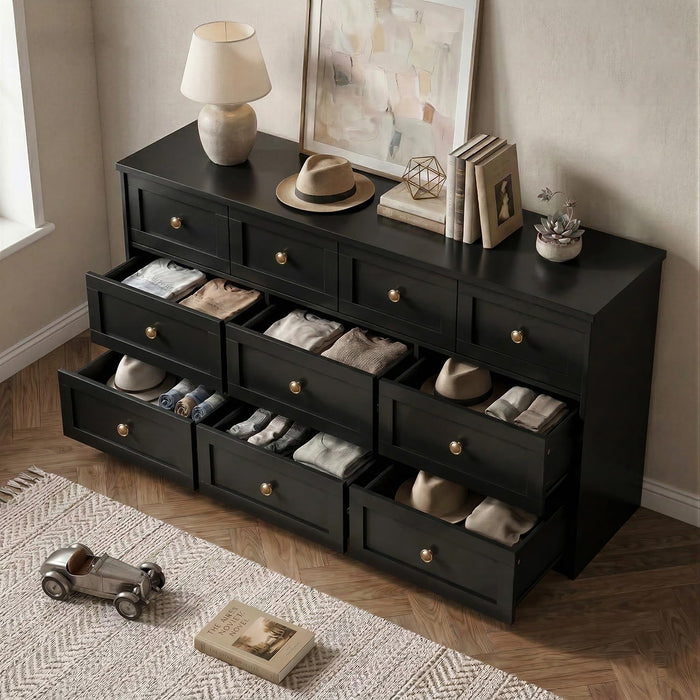 59" Wide Black 10 Drawer Dresser for Bedroom with Gold Metal Handle