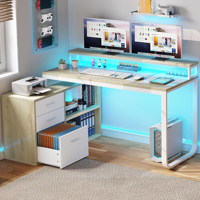 White L-Shaped Desk with Drawers & LED Lights