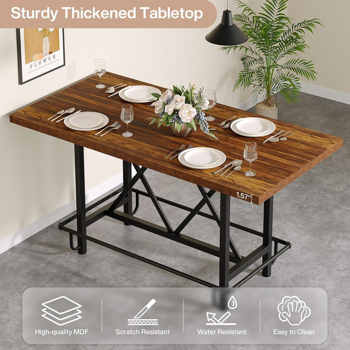 Dining Table for 6 People, Industrial Rectangular Kitchen Table with Metal Footrest, 35.43" Counter Height Dinner Table for Dining Room (Rustic Brown)