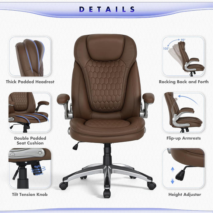 Executive Office Chair-Ergonomic Computer Desk Chair, High Back Leather Chair with Padded Flip-Up Arms, Swivel Home Office Chair Upgraded Caster, Brown