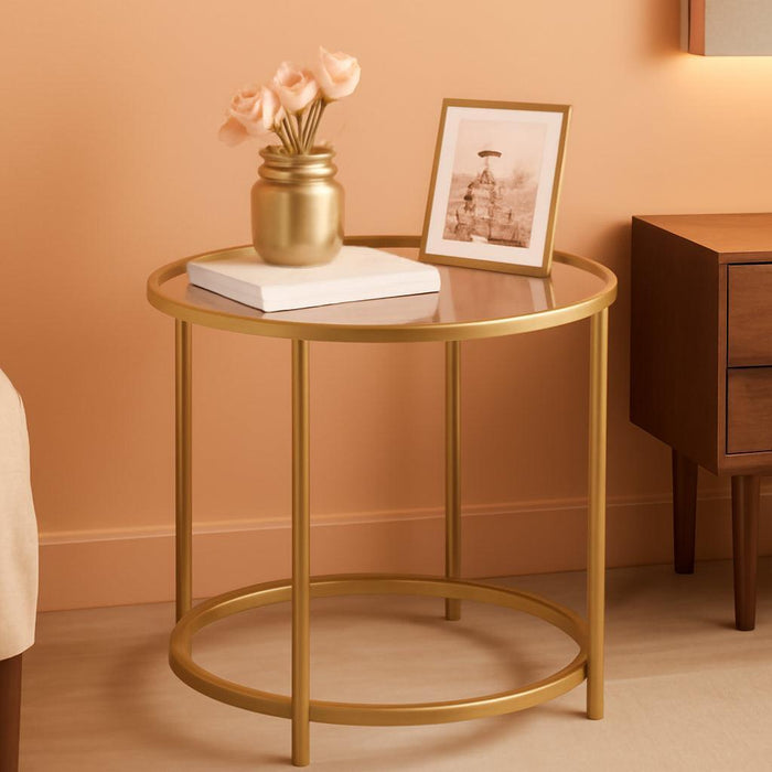 round Side Table, Glass End Table with Metal Frame, Gold Coffee Table with Modern Style, for Living Room, Balcony, Bedroom, Gold Color