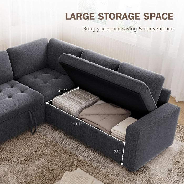 85 Inch Modular Sectional Sofa with Pull Out Bed, Chenille L Shaped Sectional Sofa with USB Ports/Reclining Backrest/Storage Seats, Tool-Free Assembly, Sofa Couch for Living Room Dark Grey