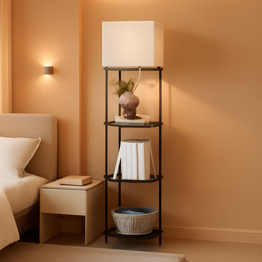 Sector Corner Shelf Lamp 3 Color Temperatures LED Bulb,Corner Lamps with Linen Lampshade, Floor Lamps for Living Room, Bedroom, Study, Black Standing Lamp with Shelves