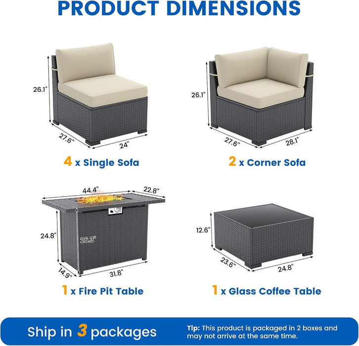 8 Piece Patio Furniture Set with 44” Fire Pit Table with Thickened Cushions