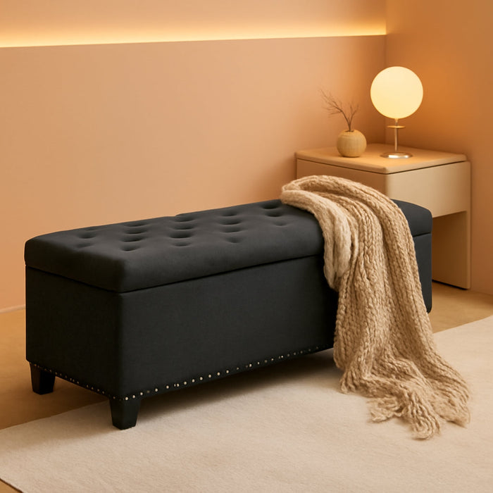 50.8“ Large Ottoman Storage Bench for Bedroom, Oversized Tufted Upholstered Entryway Benches End of Bed, Rectangle Dorm Foot Stool with Safety Hinge & Solid Wood Legs, Loads 660 Lb, Gray