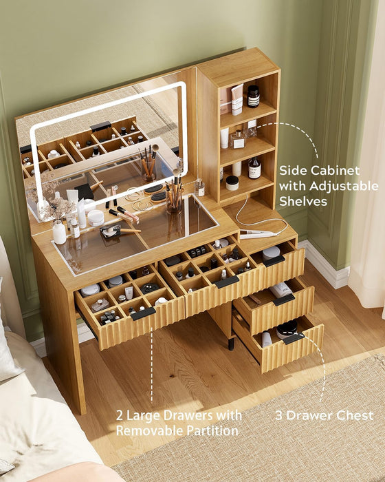 Fluted Makeup Vanity Desk with 31.5" HD Lighted Mirror, Modern Dressing Table with 5 Drawers, Shelves and Glass Top for Bedroom, Natural Oak