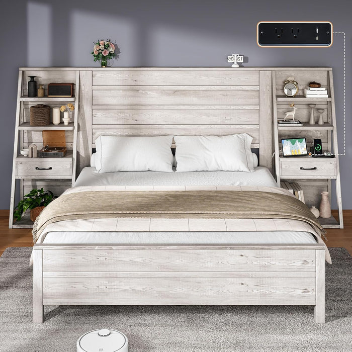 King Bed Frame with Bookcase Headboard & 4-Tier Bedside Shelf, Farmhouse Platform Bed with Charging Station and 2 Drawers, Noise-Free