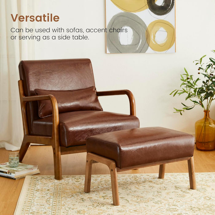 Rectangle Ottoman Bench, Modern Coffee Leatherette Footstool with Walnut Rubberwood Legs for Living Room, Bedroom