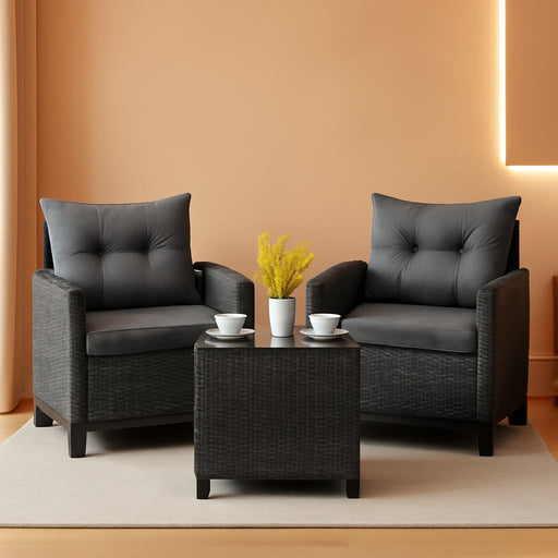 3 Piece Patio Furniture Set, Outdoor PE Rattan Conversation Set with Washable Cushions & Tempered Glass Tabletop, Wicker Chairs and Table Set for Porch, Garden, Balcony (Grey)