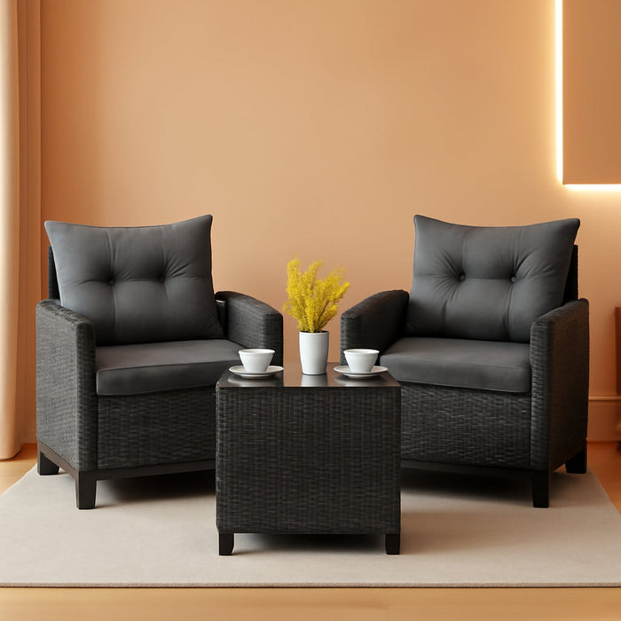 3 Piece Patio Furniture Set, Outdoor PE Rattan Conversation Set with Washable Cushions & Tempered Glass Tabletop, Wicker Chairs and Table Set for Porch, Garden, Balcony (Grey)