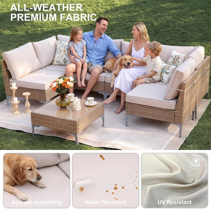 5 Piece Wicker Patio Furniture Set,Outdoor Conversation Sectional Sofa W/Coffee Table,All-Weather Outdoor Sofa with Thick and Anti-Slip Cushions for Deck,Poolside,Garden,Beige