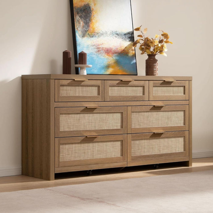 7 Drawer Dresser for Bedroom, 57" Wide Rattan Dressers, Large Chest of Drawers for Bedroom, Dresser TV Stand, Boho Closet Organizer (Reclaimed Caramel Oak, 7 Drawers (1 Pc))