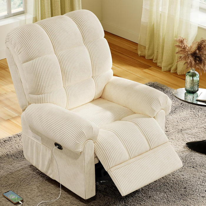 Upgraded 2024 New Power Recliner Chair for Adults, Adjustable Electric Chair Power Reclining Sofa, USB Port, Ultra-Comfy Corduroy Recliner for Living Room, Tool-Less Assembly Single Sofa White